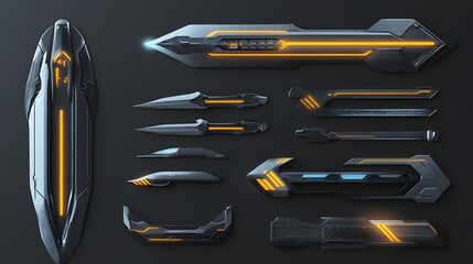Futuristic Sci Fi Weaponry Set Cyberpunk Style Blades Swords and Energy Weapons