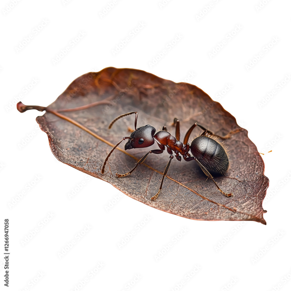Poster ant on dry leaf, showcasing intricate details and textures. ant body features mix of black and reddi