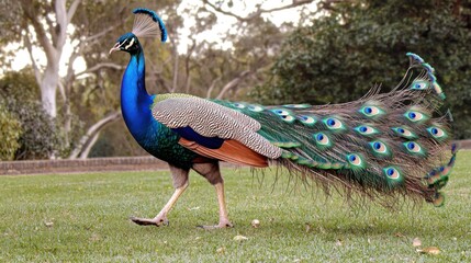 Fototapeta premium Peacock walking in park, displaying tail feathers
