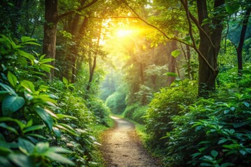 Obraz premium Serene hiking trail in a lush green forest. Minimalist photography reveals peaceful wilderness.