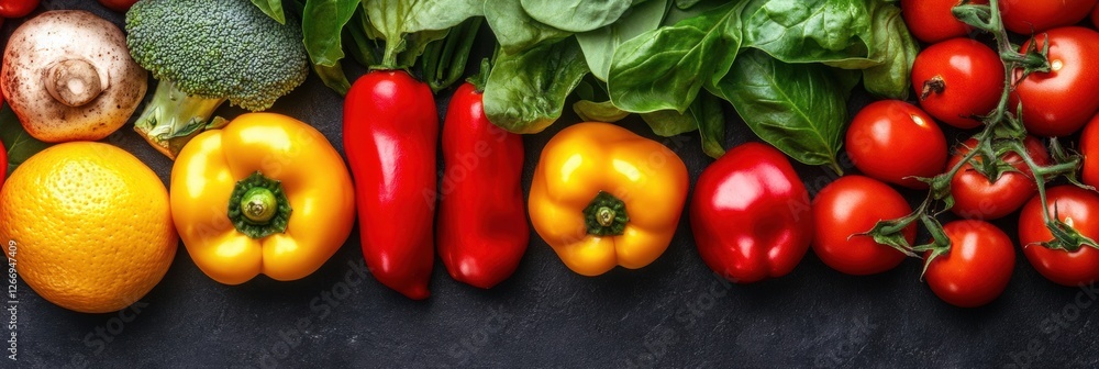 Poster fresh colorful vegetables arranged neatly on a black countertop creating a vibrant display of health