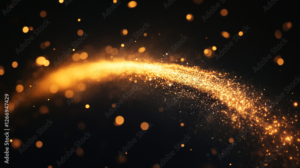 Poster sparkling golden particles create a mesmerizing swirl against a dark backdrop