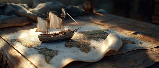 Antique ship model on aged world map, wooden surface