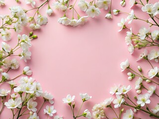 Fototapeta premium Spring Floral Frame Pastel Pink Background Wedding Invitation Design Feminine Flower Border