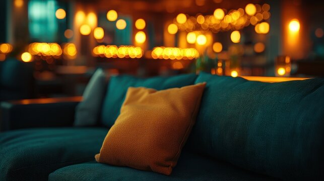 Relax on blue sofa with orange pillow indoors at night in ambient light for home design