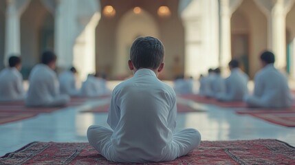 In a tranquil mosque, Muslim children clad in white sit cross-legged on prayer mats, focused on their spiritual connection during afternoon prayers, embodying peace and devotion