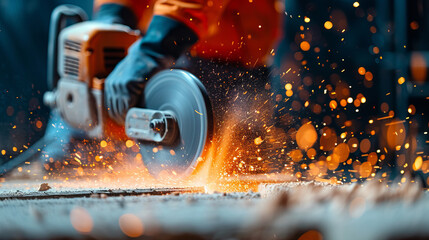 Metal Cutting with Sparks: Close-up shot of a worker using an angle grinder, sparks flying, showcasing the intensity and precision of metalwork.