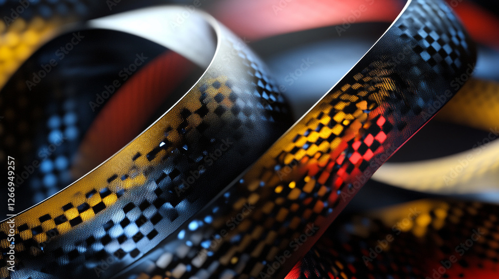 Poster colorful ribbon design with intricate patterns and shimmering highlights