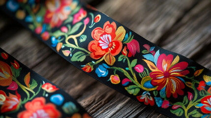 Colorful floral ribbon with intricate design on wooden surface