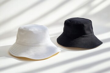 Dynamic Arrangement of Black and White Bucket Hats in Minimalist Style