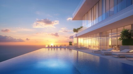 Fototapeta premium 3D rendering of a modern luxury house with a swimming pool. The house is a two-story building with a white exterior and large glass windows that allow natural light to enter the space