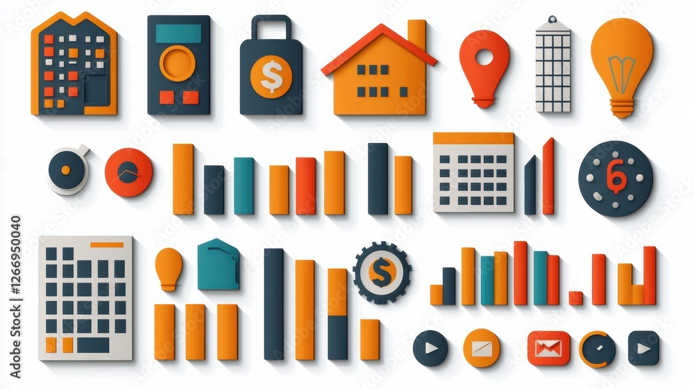 Poster a collection of colorful icons representing various business and financial concepts.