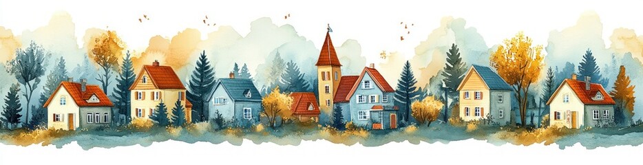 Whimsical Village Scene with Colorful Houses Trees and Dreamy Atmosphere in Watercolor Style and Soft Lighting