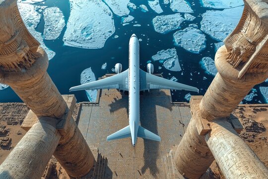 Airplane Landing on Ancient Temple with Frozen River