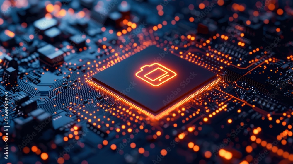 Poster microchip with neon battery icon on circuit board for modern technology use