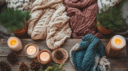 Cozy knitted scarves and candles on wood create a warm, inviting winter scene
