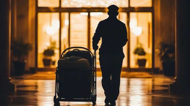 Hotel porter pushing luggage cart at night