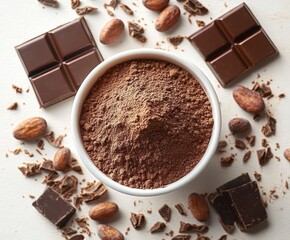 Cocoa Powder Bowl Surrounded by Cocoa Beans and Chocolate Bars on White Background