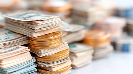 Stacks of cash and coins, close-up; financial wealth concept