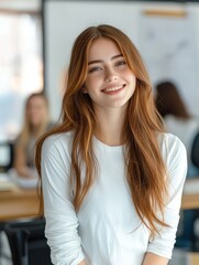 Fototapeta premium Smiling young woman in modern office portrait photography bright environment professional setting cheerful concept