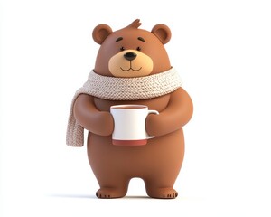 Charming bear character in a cozy scarf, vibrant colors, playful cartoon style, inviting and whimsical atmosphere, perfect for children's stories.