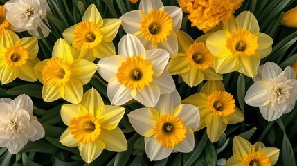 A close-up of vibrant yellow and white daffodils in full bloom, showcasing delicate petals and intricate details, surrounded by lush green leaves in a fresh spring setting