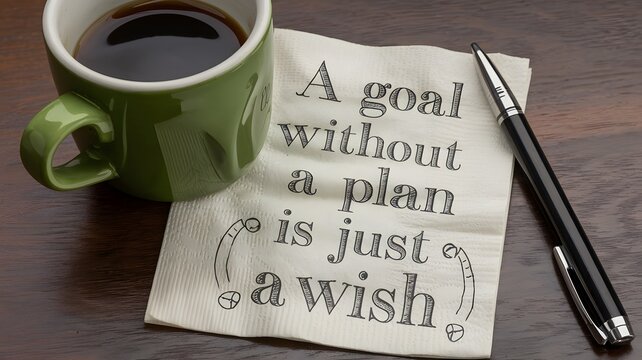 A paper napkin with "A goal without a plan is just a wish" handwritten in black ink rests on a dark brown wooden surface. A green coffee cup partially covers the text, with a pen placed beside it.



