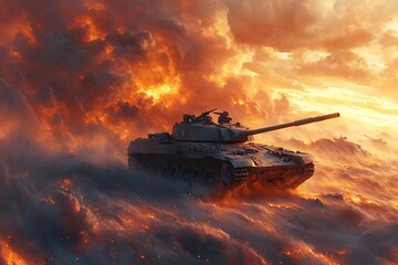 Fiery Battlefield Tank Assault at Sunset