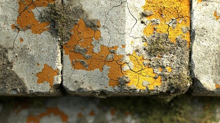Weathered concrete bricks covered in orange lichen and moss, ideal for backgrounds