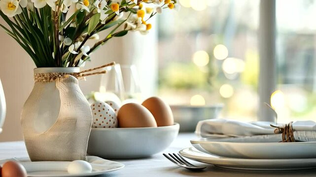 Easter Table Setting with Decorations and Meal Close-Up