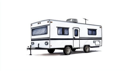 Camping adventure with a travel trailer outdoors illustration minimalist style side view recreational concept