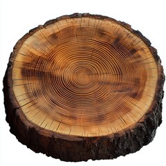 Fototapeta premium Close-Up Wooden Cross-Section with Tree Rings Detailed Macro Photography Wood Stump Trunk Isolated on White Background