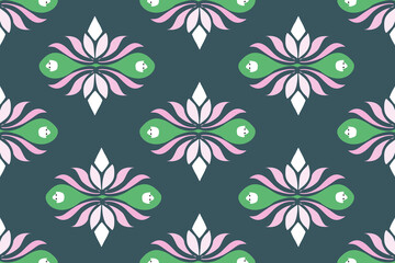 seamless pink lotus floral green background pattern
