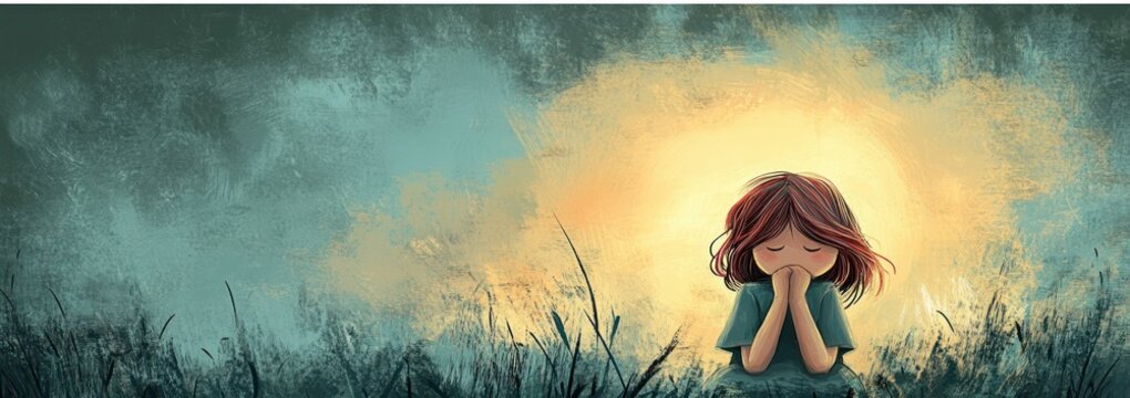 illustration of little girl crying feeling sad and depressed experiencing loneliness and bullying
