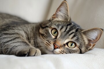 Playful tabby cat lounging comfortably on a soft surface with bright, curious green eyes observing its surroundings. Generative AI