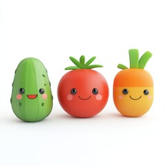 Charming 3D vegetable icons featuring a tomato, carrot, and more, perfect for playful designs and vibrant illustrations.