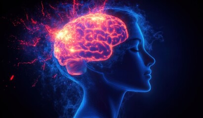 Obraz premium Human Head with Glowing Brain and Electric Sparks Representing Inner Turmoil and Neurological Disorders