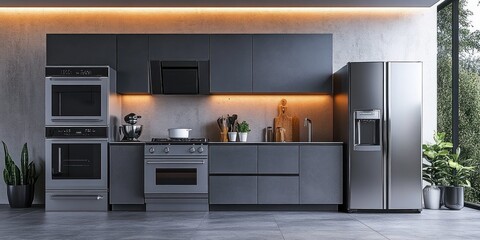 Modern Kitchen Design with Stainless Steel Appliances and Ambient Lighting