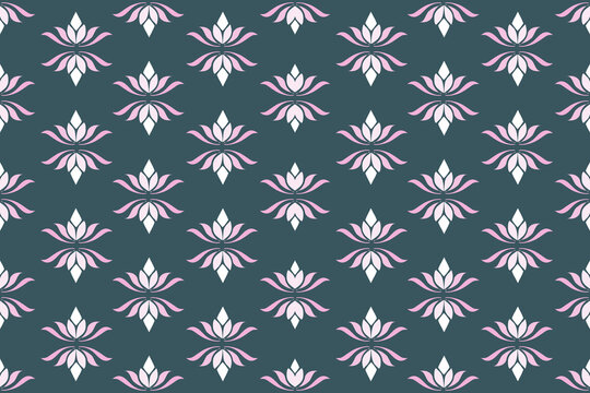 seamless pink lotus floral green background pattern