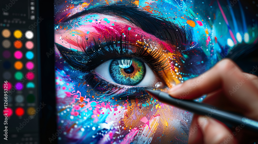 Poster digital art in progress: a close-up view of a hand using a digital stylus on a tablet, creating a vi