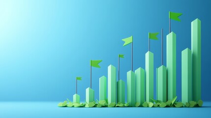 3D illustration of a bar graph with upward green arrows, symbolizing growth and progress in data visualization and analytics