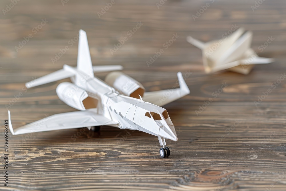 Poster intricate paper models of airplanes on a rustic wooden surface in soft natural light for creative pr