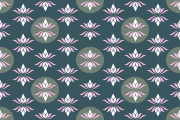 seamless pink lotus floral green background pattern
