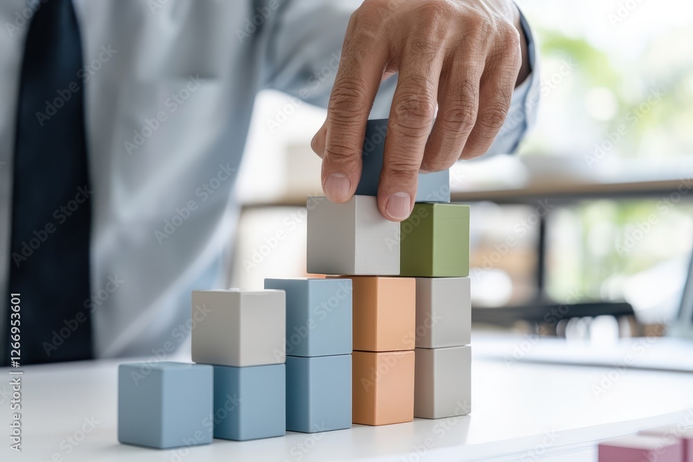 Poster hand stacking colorful building blocks on table, concept of growth and development in business and e