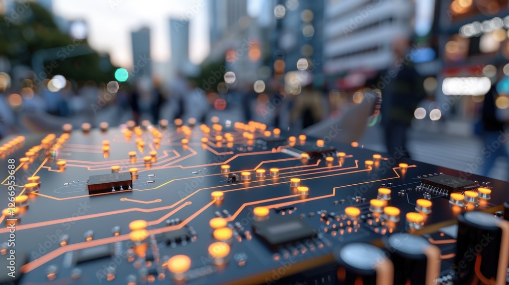 Poster abstract close-up of circuit board with glowing components in busy urban cityscape background