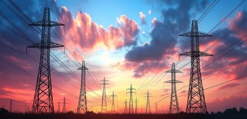 High Voltage Power Lines in Twilight Sky
