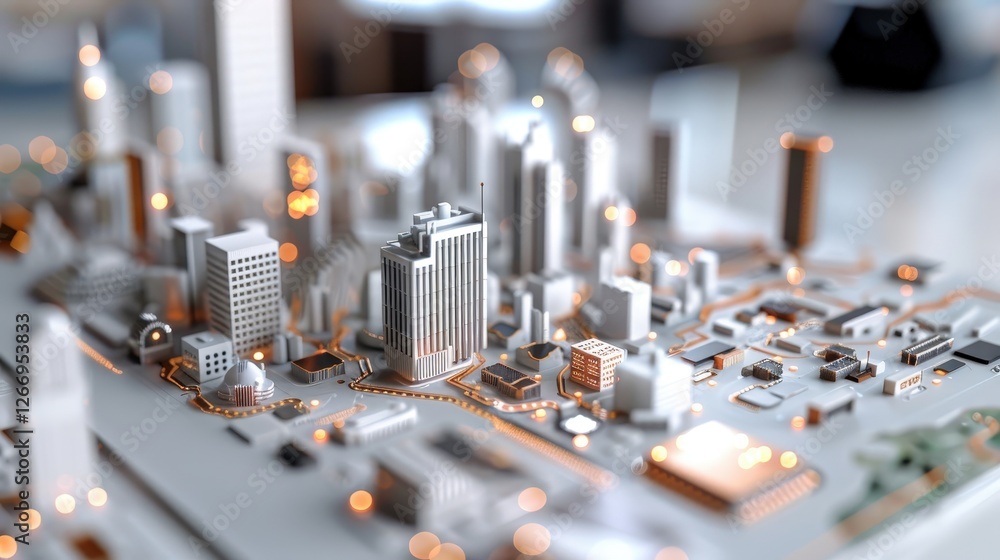 Aufkleber urban cityscape model with intricate details showcasing modern architecture and illuminated elements