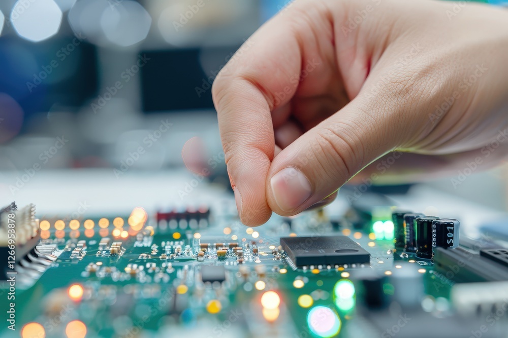 Poster close-up of a hand placing components on a circuit board in a modern electronics lab with led lights