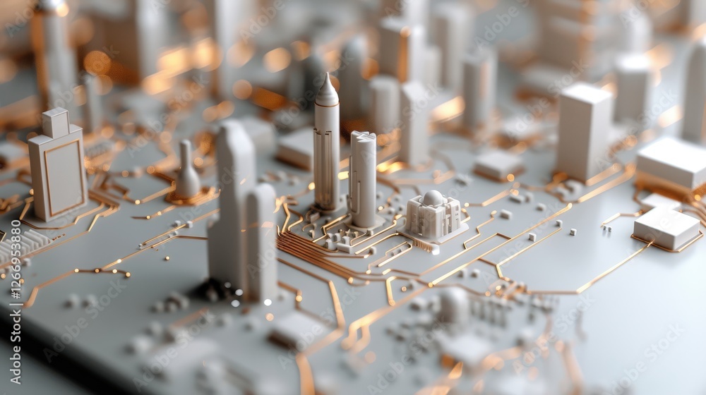 Poster abstract cityscape design with futuristic architecture and circuit board elements in metallic and wh