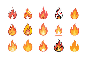 Set of fire flame icons in various styles isolated on white background, vector illustration for graphic design, symbols, and web applications
